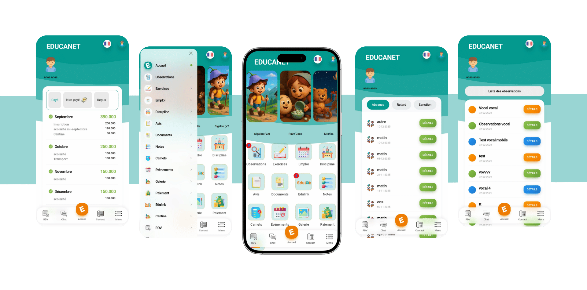 Aperçu des écrans de l'application Educanet